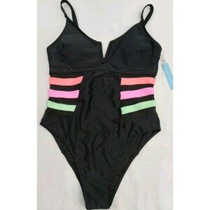 Live Life On The Beach Ladies Solid Black Swimsuit Size Small Semi-Sheer Waist